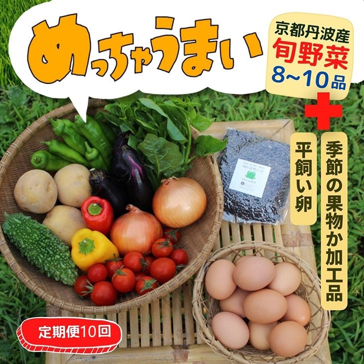 【10回定期便】＜３６９商店＞京都丹波産旬の野菜セットデラックス！平飼い卵10個、季節の果物又は加工品　※栽培期間中農薬・化学肥料不使用※ 野菜 定期便 10回 卵 ※北海道・沖縄・離島への配送不可