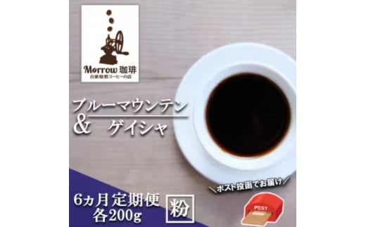 定期便 6ヶ月 自家焙煎 ブルーマウンテン NO1・ゲイシャ (粉) 各200g×6ケ月 ポスト投函 コーヒー 珈琲 6回 お楽しみ