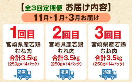 【11月・1月・3月お届け】【全3回定期便】宮崎県産若鶏 むね肉 3.5kg(250g×14パック) 小分け 真空パック 鶏肉