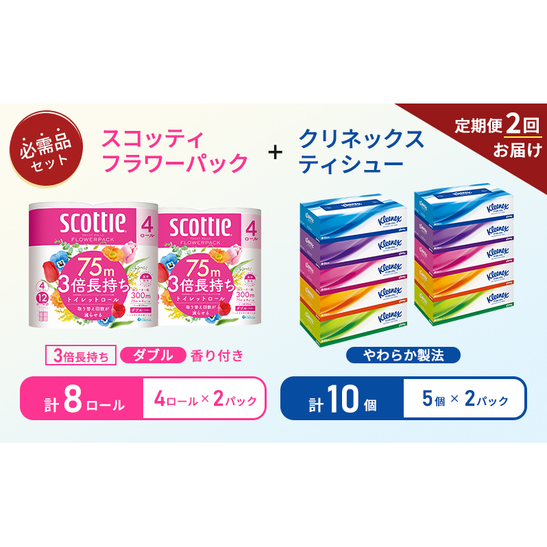 【 6ヶ月ごと計 2回お届け 】ティッシュ クリネックス 5箱入 × 2パック トイレットペーパー ダブル スコッティ 3倍長持ち 4ロール入 × 2パック フラワーパック 香り付き