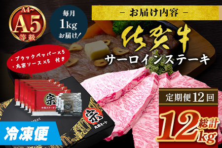 【定期便12回配送】＼極上のご褒美肉！／佐賀牛サーロインステーキ 200g×5枚 全12回配送 計12,000g｜A5・A4等級 厳選黒毛和牛 とろける霜降り 高級ステーキ 贈答 ギフト対応可 定期便