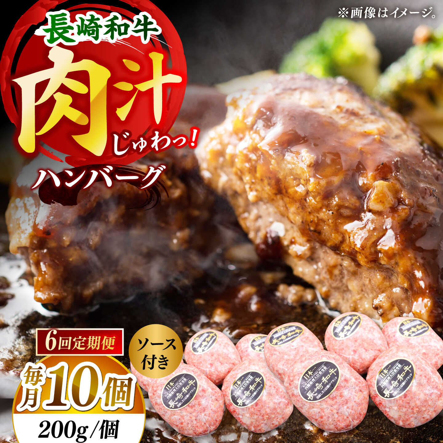 【ふるさと納税】【6回定期便】長崎和牛　ハンバーグ　10個入り（各200g）【黒牛】[DBZ098]