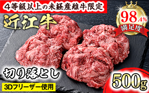 【森三商会】4等級以上の未経産雌牛限定　近江牛切り落とし500g（ロース・肩ロース・ウデ・モモ・バラ）【GM14W】（国産牛　和牛　ブランド牛　ブランド和牛　黒毛和牛　牛肉　肉　高級　人気　おすすめ　神戸牛　松阪牛 に並ぶ 日本三大和牛 近江牛）