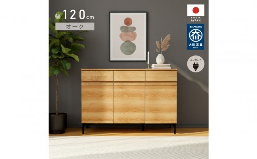 サイドボード 幅120cm オーク 引出し 3杯 開き戸 稼働棚 コンセント 収納 天然木 国産 大川家具 完成品