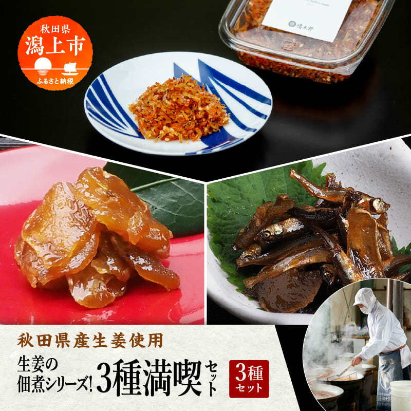 【ふるさと納税】 《 秋田県産生姜使用 》生姜の佃煮シリーズ！3種満喫セット 佃煮 生姜 わかさぎ ご飯のお供 お惣菜 食べ応え グルメ ご当地 名物 郷土料理 秋田県産 国産 おすすめ ふるさと 潟上市 秋田 送料無料 【佐藤徳太郎商店】