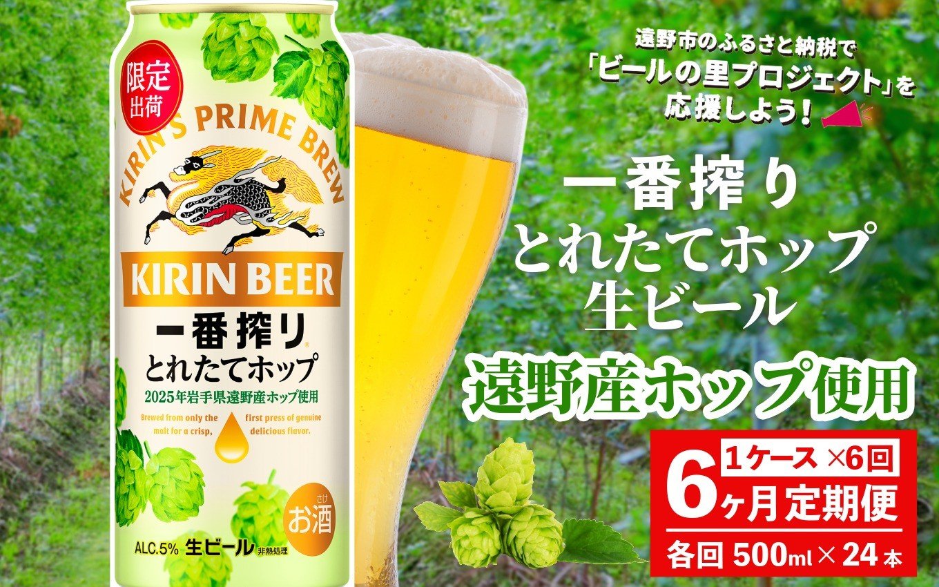 
            【定期便6回】キリン 一番搾り とれたてホップ 生ビール 500ml × 24本 1ケース 6ヶ月  ＜ 遠野産ホップ 使用 ＞ 限定 ビール お酒 BBQ 宅飲み 家飲み 晩酌 ギフト 缶ビール KIRIN 麒麟 きりん キリンビール 人気 ＜ ビールの里 農家 支援 応援 ＞ 
          