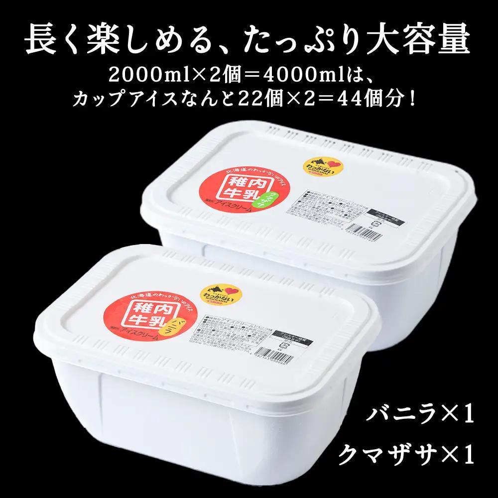 【業務用】稚内牛乳アイスクリーム2000mlバニラ×クマザサ2個セット【配送不可地域：離島・沖縄県】