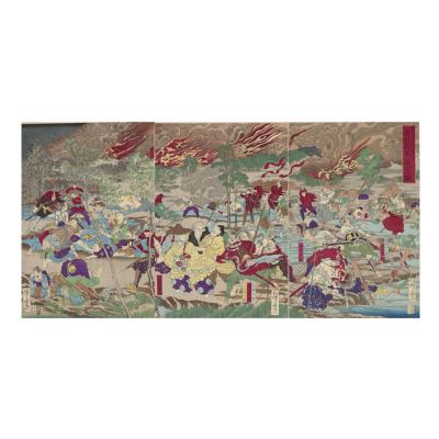 ふるさと納税 名古屋市 オリジナル【レプリカ浮世絵(3枚絵)河鍋暁斎作「明治元戊辰年五月十五日 東台戦争落去之図」】