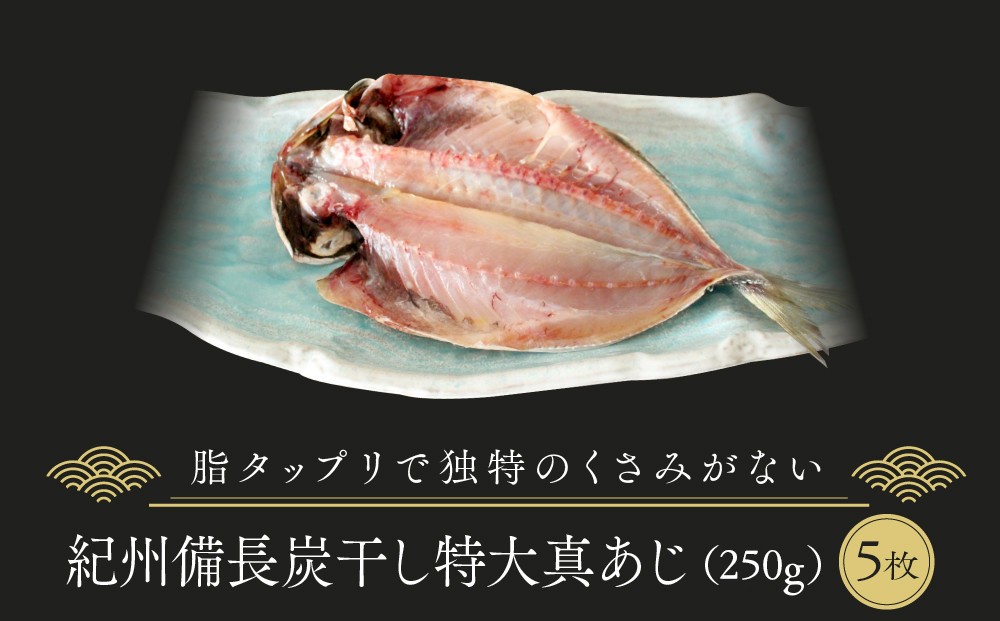 
                  紀州備長炭干し特大真あじ 250ｇ×5枚｜干物 ひもの 加工品 乾物 煮干し 食品 魚貝類 干物 アジ 魚 お魚 さかな 乾物 魚介類 和食 海鮮 グルメ 高級食材 干物セット ギフト プレゼント 料理 食卓 お取り寄せ 和風料理【干物 ひもの 干物 himono ひもの 干物 ヒモノ 干物 ひもの 干物 himono ひもの 干物】
                