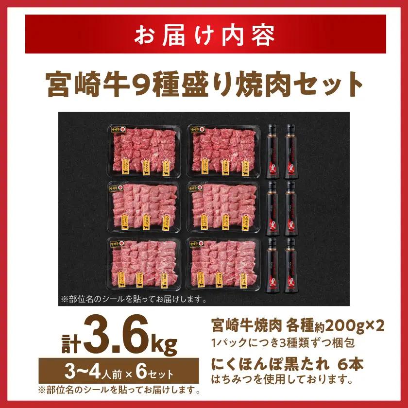 【数量限定】宮崎牛9種盛り焼肉セット(各600g×6P)〔MC-31-006-3600g〕_(都城市) 宮崎牛 ラムシン マルシン イチボ サーロイン ザブトン 肩ロース ショートリブ カルビ 内モモ
