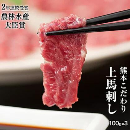 馬刺し 上赤身 ブロック 国産 熊本肥育 冷凍 生食用 たれ付き(10ml×3袋) 100g×3セット 肉 絶品 牛肉よりヘルシー 馬肉 平成27年28年 農林水産大臣賞受賞 熊本県長洲町《7月中旬-9月末頃出荷》