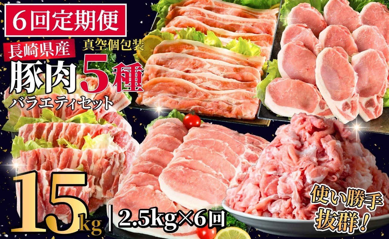 
            B619 《定期便》長崎県産豚 バラエティ 5点セット 総計2.5kg【6回お届け】
          