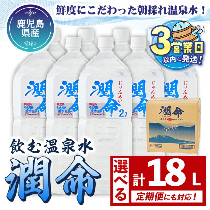 【ふるさと納税】【定期便対応】 ＜すぐ届く！＞ 飲む垂水温泉水 潤命(計18L・2L×9本 / 定期便6回 計54本 or 12回 計108本)水 ミネラルウォーター 温泉水 天然水 飲む温泉水 シリカ水 アルカリイオン水 ペットボトル 2L 鹿児島産 垂水市【尾迫産業】