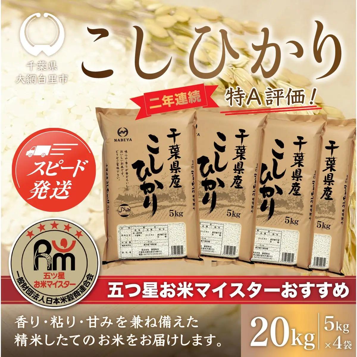 【最短2～7営業日出荷】令和7年産 2年連続特A評価!千葉県産コシヒカリ20kg（5kg×4袋） E003