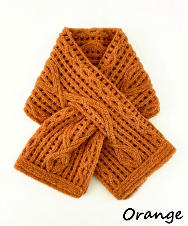 ショートマフラー アーガイル柄 ウール混 コード刺繍 ( オレンジ ) レディース 日本製 | おしゃれ シンプル マフラー プレゼントギフト 母の日 新潟県 五泉市 有限会社田中刺繍
