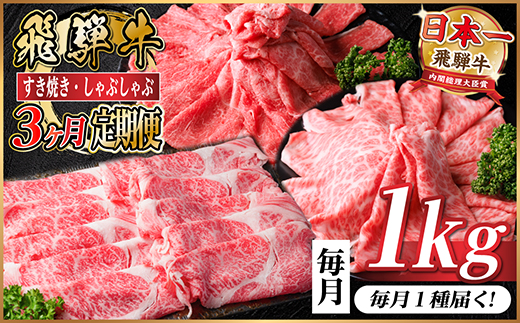 【毎月定期便】飛騨牛　厳選すき焼き・しゃぶしゃぶ用　定期便　1kg全3回【配送不可地域：離島】