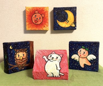E137(ふくろう)　ミニ3Dキャンバス作品1点と画集・ポストカードセット【ふくろう】【徳 治昭 童画 原画 絵 絵画 キャラクター 大阪 八尾市】