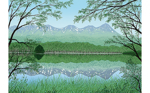 「知床五湖と連山(羅臼岳)」  【 版画 額付 小川手漉和紙 小暮真望 東松山 埼玉県 】