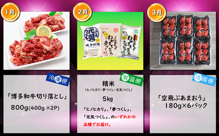 【3回届く！コースB】福岡名物定期便（和牛・お米・あまおう）★福岡の人気商品を短期集中で3回お届け！[G7038]