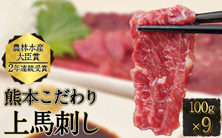 馬刺し 上赤身 ブロック 国産 熊本肥育 冷凍 生食用 たれ付き(10ml×9袋) 100g×9セット 肉 期間限定 絶品 牛肉よりヘルシー 熊本県大津町《10月中旬-12月末頃出荷》