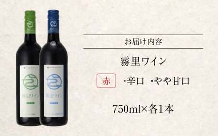 霧里ワイン 赤ワイン 辛口 やや甘口 750ml×各1本 ワイン 受賞 飲み比べ ワインセット ギフト 三次市 / 広島三次ワイナリー[APAZ003]