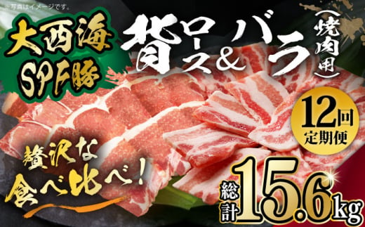 【月1回約1.3kg×12回定期便】大西海SPF豚 背ロース＆バラ（焼肉用）計15.6kg 長崎県/長崎県農協直販 [42ZZAA107]