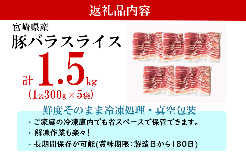 宮崎県産 豚バラ スライス 300g×5袋 合計1.5kg 小分け 豚肉 冷凍 送料無料 焼肉 肉巻き 炒め物 料理 調理 普段使い 真空包装 収納 野菜巻き 収納スペース 調理 おかず 料理 うす切