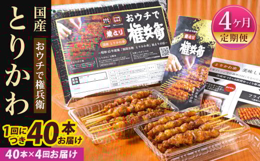 【4ヶ月定期便】 おウチで権兵衛 とりかわ串 (40本セット)×4回