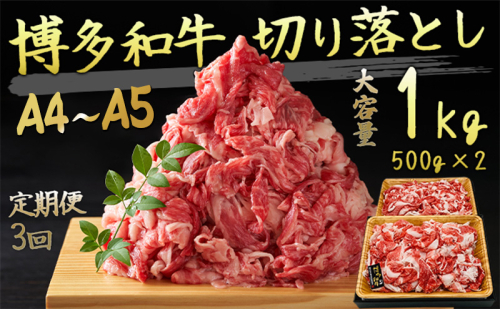 【4月から順次発送】定期便 3ヶ月 牛肉 A4～A5 博多和牛 切り落とし 1000g 500g×2p 黒毛和牛 肩ロース 赤身 バラ カルビ 小分け 大好評につき継続！3回 配送不可：離島