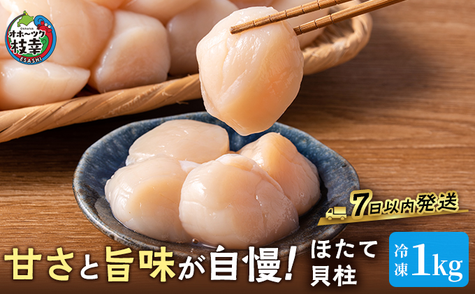 プロも認めるオホーツクブランド「枝幸ほたて」冷凍貝柱1kg（3Sサイズ：41粒～50粒）枝幸漁協 刺身 魚介 帆立 北海道 超目玉魚貝類 貝類 海の幸 枝幸産 つまみ 肴 お酒のお供 お酒のあて