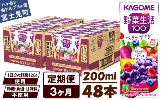 【 定期便 3ヶ月 】 カゴメ 野菜生活100 ベリーサラダ 200ml×48本 ジュース 野菜 果実ミックスジュース 果汁飲料 紙パック 砂糖不使用 1食分の野菜 鉄分 ポリフェノール ビタミンA 飲料類 ドリンク 野菜ドリンク 備蓄 長期保存 防災 飲みもの 長野県 富士見町 長野県 富士見町