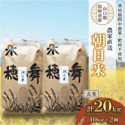 【ふるさと納税】栽培期間中農薬・肥料不使用で作った朝日米　玄米20kg_ 米 朝日米 こめ お米 おこめ コメ 玄米 げんまい 10kg×2個 計20kg ごはん ご飯 おにぎり 農薬不使用 肥料不使用 産地直送 産直 山口県 防府市 贈答 ギフト プレゼント 送料無料 【1385882】