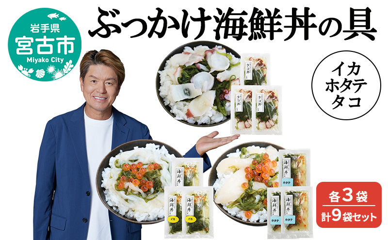 ぶっかけ海鮮丼の具 イカ ホタテ タコ 各3袋 計9袋セット 川秀 冷凍 イクラ メカブ 三陸 お茶碗サイズ 海鮮丼 お取り寄せ 丼の素 丼の具 海鮮 海産物 個包装 小分け 岩手 宮古