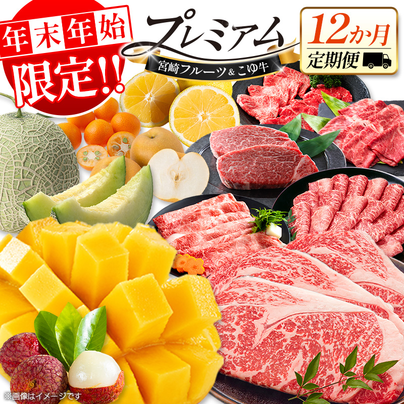 ＜年末年始限定!!＞宮崎フルーツ＆黒毛和牛 定期便 12ヵ月 1年間 ローカル ブランド マンゴー ライチ メロン 梨 日向夏 ステーキ ヒレ ロース 焼肉 すき焼き しゃぶしゃぶ 数量限定 期間限定 2026年1月5日まで！【F158】