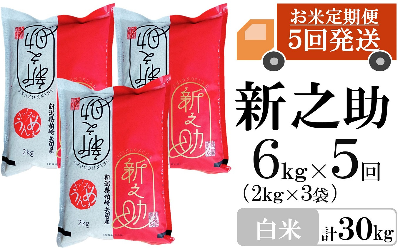 
                  新米先行予約【令和8年産米・5ヶ月定期便】新之助 白米 6kg（2kg×3袋）×5回（計 30kg）ヤタらうんめぇお米 水田環境鑑定士在籍 しんのすけ[Y0184]
                