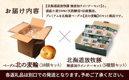 「北海道産放牧豚 無添加ウインナーセット」とトモヱベーグル「北の麦輪」18個セット【C99030】