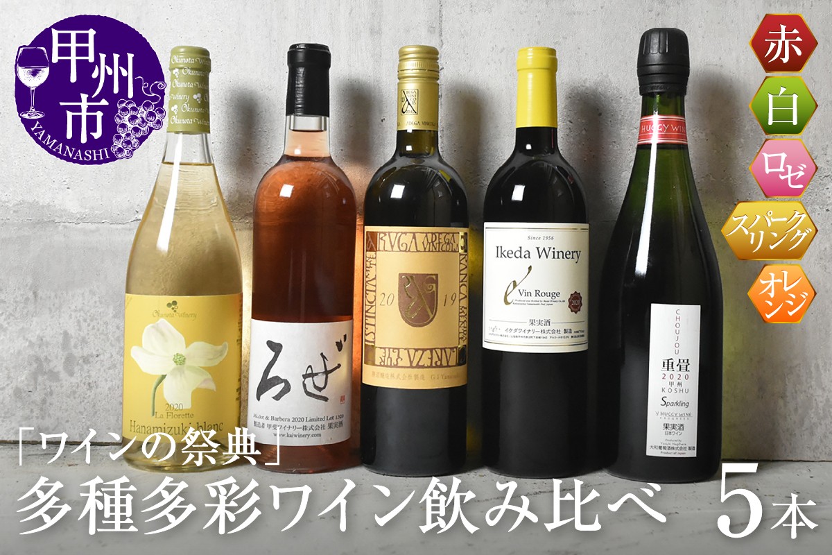 
            「ワインの祭典」多種多彩ワイン飲み比べ5本セット（KSB）E-640 【ワイン 赤ワイン 白ワイン ロゼワイン オレンジワイン スパークリングワイン 甲州市 山梨県】
          