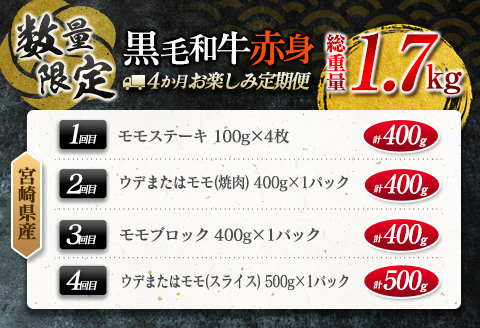 【令和8年4月から毎月配送】赤身肉の4か月定期便 数量限定 黒毛和牛 赤身 牛肉 お楽しみ 定期便 総重量1.7kg 肉 焼肉 ステーキ すき焼き しゃぶしゃぶ スライス ブロック 牛丼 赤身もも 国