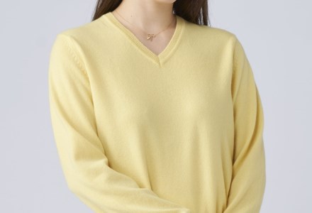 日本製 カシミヤ100% レディース Vネック イエロー Mサイズ [2562]