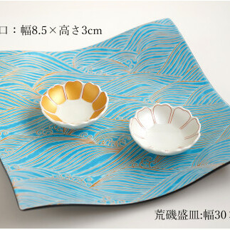 有田焼 錦荒磯 / 青四方上り 30cm ベタ盛込皿 金銀八重桜 千代口 3点セット 盛皿 ゴールド シルバー 波 海 桜 ウエーブ 富永陶磁器 A65-27_イメージ2