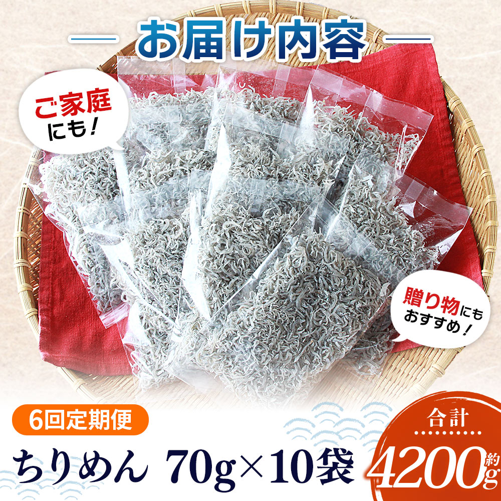 ＜【6回定期便】漁師さん自慢のちりめんじゃこ 合計700g（70g×10パック）＞ しらす シラス おじゃこ お魚 おさかな 小魚 魚介類 乾燥 海の幸 海鮮 小分け 個包装 おすそ分け 国産 産地直