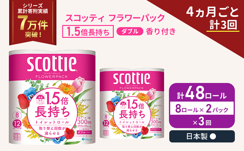 定期便 トイレットペーパー ダブル スコッティ 48ロール( 8ロール入×2パック )《4ヶ月ごと計3回》 1.5 倍巻き フラワーパック 香り付き  節約 箱買い 大量 防災 備蓄 備蓄品  日用品 トイペ セット 倍巻 トイレ 宮城 宮城県 岩沼市