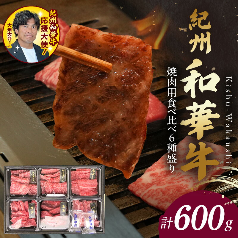 【ふるさと納税】紀州和華牛 焼肉用 食べ比べ 6種盛り リブロース サーロイン 肩ロース モモ バラ 肩 各100g 計600g 肉 牛肉 熟成肉 新ブランド 黒毛和牛 旨味 凝縮 あっさり ヘルシー ビタミンE 食品 グルメ 冷凍 お取り寄せ 和歌山県 湯浅町 送料無料