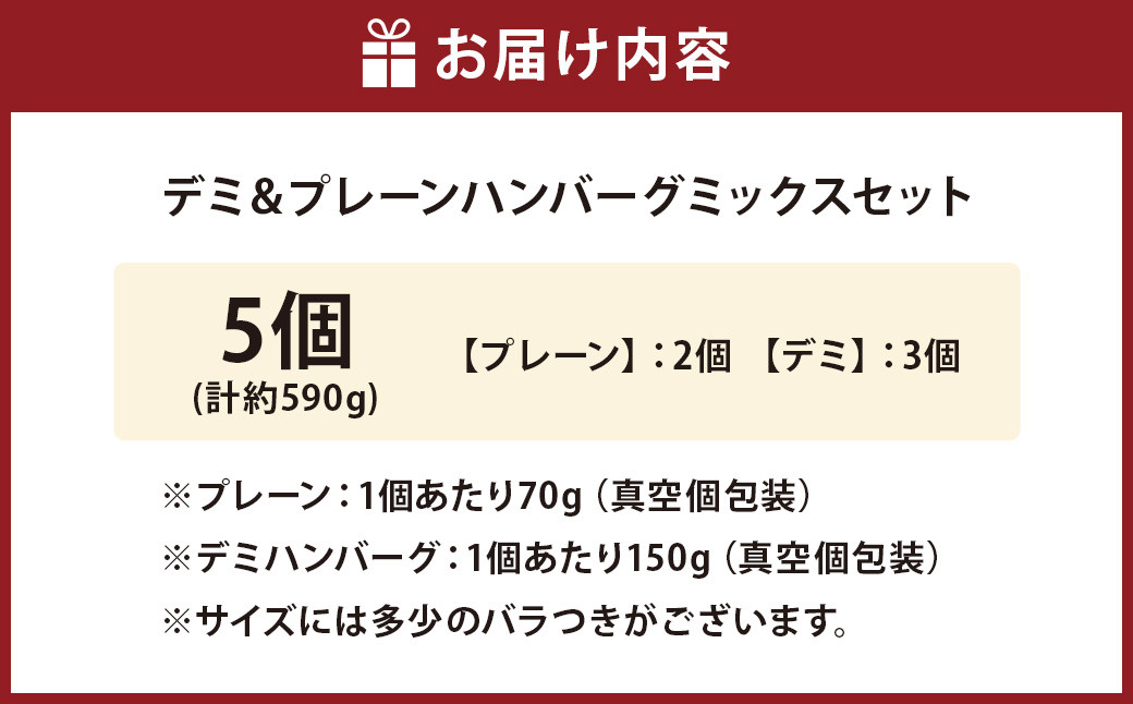 【大分和牛100%使用】デミ＆プレーン ハンバーグ ミックス セット 5個 計約590g