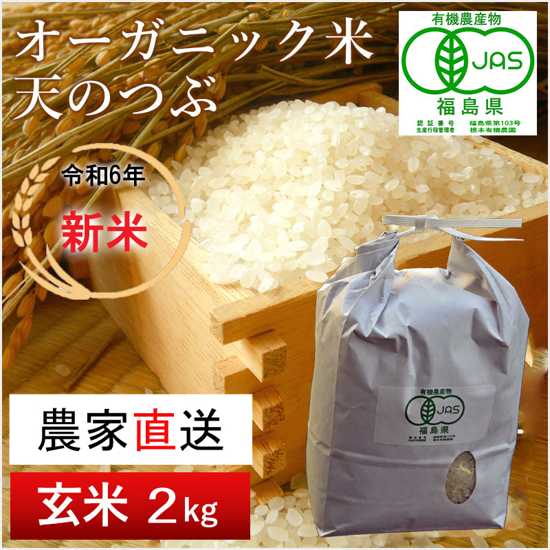 【令和6年産・新米】南相馬・根本有機農園のJAS有機米天のつぶ2kg(玄米）【3004501】