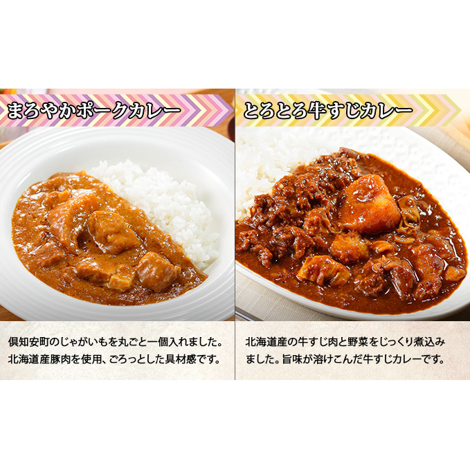 北海道 倶知安 カレー 4種 食べ比べ 計4個 中辛 スープカレー ビーフカレー ポークカレー 牛すじカレー じゃがいも 牛肉 豚肉 チキン 業務用 レトルト 食品 レトルトカレー _イメージ3