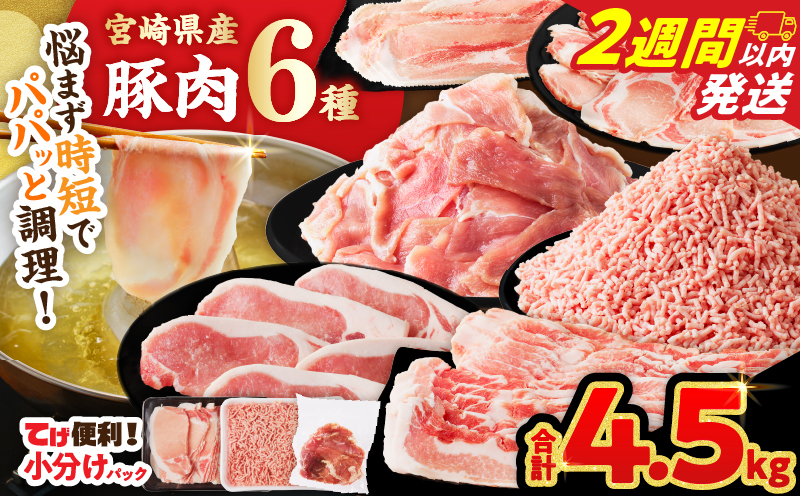 【2週間以内発送】≪宮崎県産≫豚肉6種＼てげスゲーセット／合計4.5kg 肉 豚 豚肉 おかず 国産_T009-0325-2W【人気 ギフト 食品 お肉 しゃぶしゃぶ 贈り物 お土産 送料無料 プレゼント】