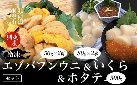【先行予約】冷凍エゾバフンウニ50g×2折＋いくら80g×2本＋ホタテ500gセット（網走市産）（2025年5月15日以降発送） ABAO2005