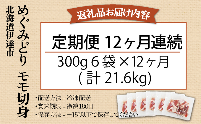 北海道産 定期便 12ヵ月 連続 12回 めぐみどり モモ 切身 300g 6袋×12ヶ月 計21.6kg 鶏もも 鶏モモ もも 鶏肉 チキン 銘柄鶏 肉 冷凍 小分け 便利 時短 唐揚 焼鳥 鍋 ソ