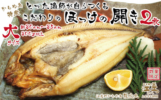 【数量限定】北海道かもめ島特産 とった漁師が自らつくる こだわりのほっけの開き 大サイズ 2枚　約30cm～35cm 300g以上　食べごたえあり　甘塩　漁師直送　北海道日本海のホッケ　一夜干し　魚の干物　国産